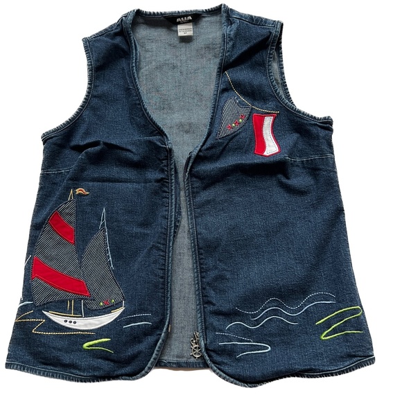 Alia Petites Nautical VEST Size 6P Cotton Spandex Sailboat Red White Blue Denim - Picture 3 of 8